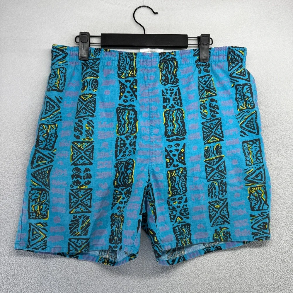 Vintage Abstract Swim Shorts Mens Medium Blue Tribal Geometric Surf Style 90s